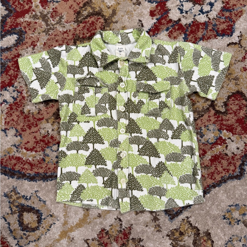 Organic Cotton Kate Quinn Green Tree-Print Short Sleeve Button Down Shirt 3t